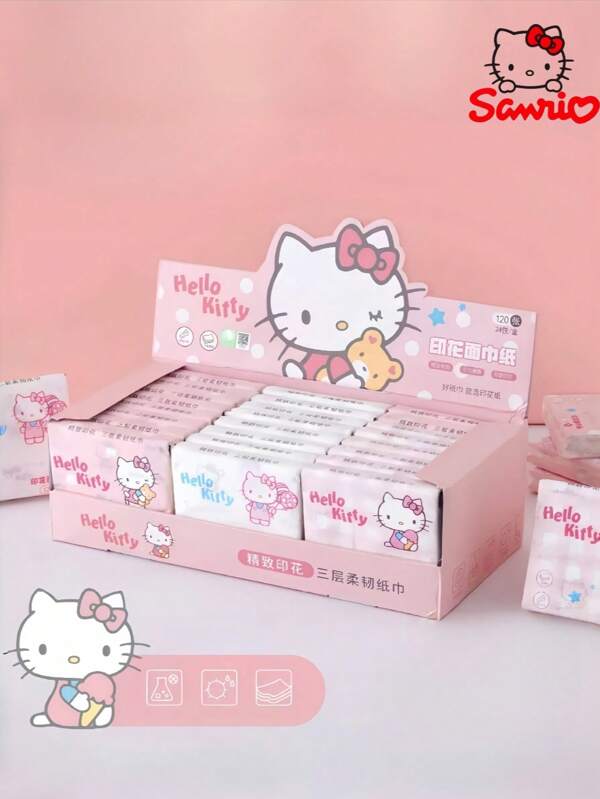 Sanrio Pañuelos portátiles con estampado de Hello Kitty, 1 pieza/120 hojas, bolsa de papel tisú de pulpa de madera, adecuado para el hogar, la oficina, fiestas, productos materno-infantiles, accesorios de viaje, regalos festivos y necesidades diarias del hogar (espacio de forma aleatoria)