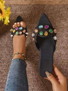 Women's Fashion Pointed Toe Rhinestone Decor Slip On Flat Sandals, Comfortable Plus Size Summer Open Toe - Black - View 2
