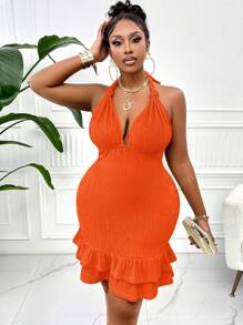 BIUBIU Vestido sexy de verano para mujer talla grande con escote en V profundo, cuello halter, hombros descubiertos, dobladillo con volantes dobles y espalda descubierta