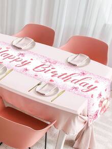 1 件 35*180 厘米粉色蝴蝶结图案涤纶生日快乐桌旗，桌布桌套完美装饰粉色蝴蝶结主题家庭节日生日宝贝淋浴派对，房间餐桌装饰用品