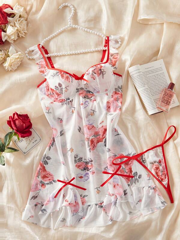 Floral Print Leaf Pattern Sequined Camisole Dress, Floral Print Butterfly Sheer Ruffle Hem