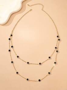 1pc Elegant Minimalist Floral Wreath Pendant Necklace, Iron Chain, Multi-Functional, Suitable For Gifts Or Everyday Wear - Black Double Necklace - View 2