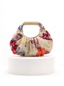 1 pieza Bolso de mano de mujer de diseño único con flores bordadas, volantes y detalles de malla y lentejuelas en contaste de colores, estilo verano/playa, con estampado floral enviado al azar