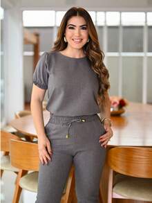 Women 2 Piece Set Casual Elegant Pleated Blouse Cotton Linen Pants With Ruffles On Scrub Sleeve Colors Fashion Spring Summer 2025 Women Clothing - 石墨 - 查看 3