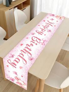 1 件 35*180 厘米粉色蝴蝶结图案涤纶生日快乐桌旗，桌布桌套完美装饰粉色蝴蝶结主题家庭节日生日宝贝淋浴派对，房间餐桌装饰用品