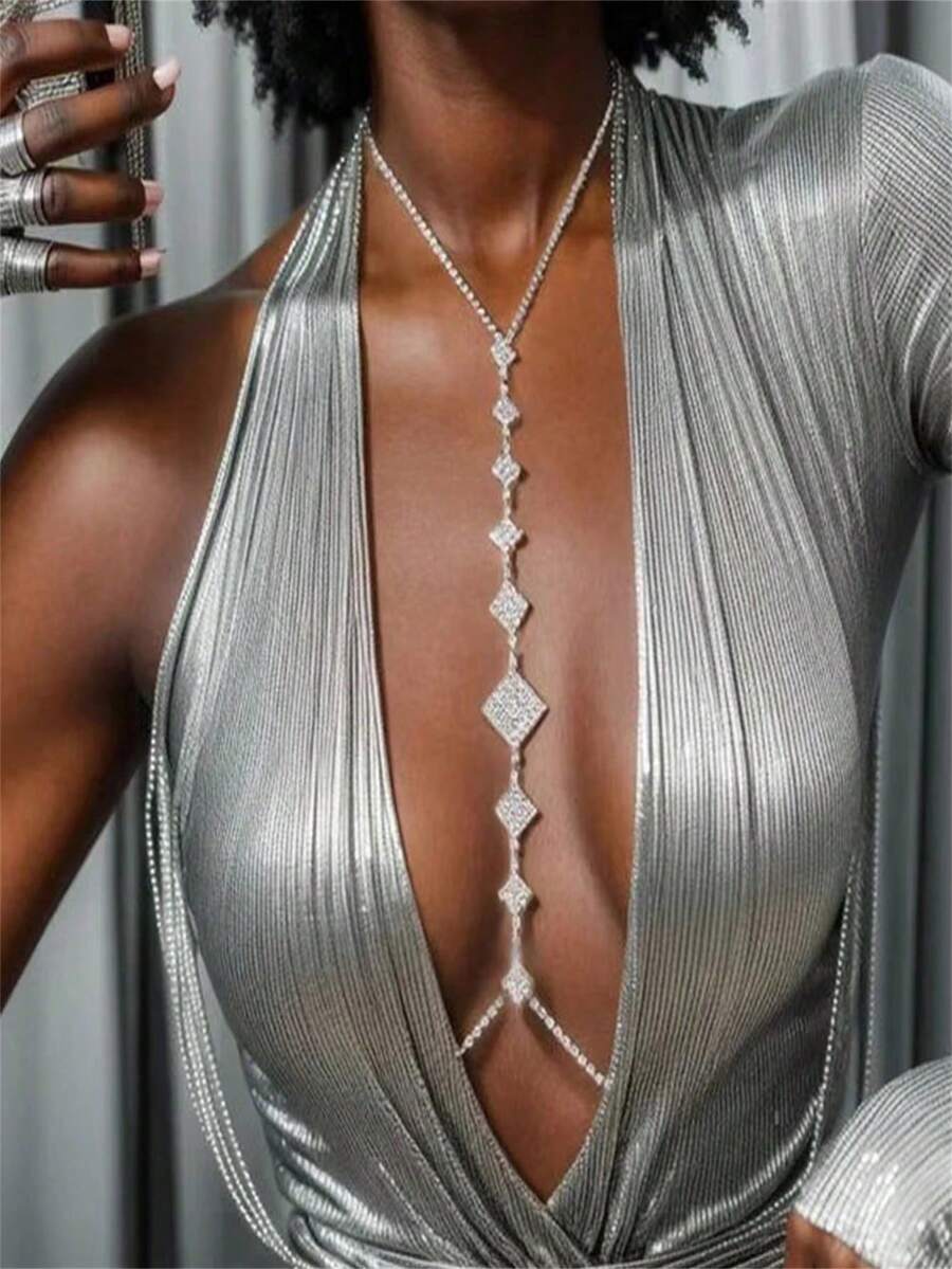 1pc Fashionable Women Geometric Rhombus Chest Chain Sexy Glitter Rhinestone Body Chain Accessory - Multicolor - View 1