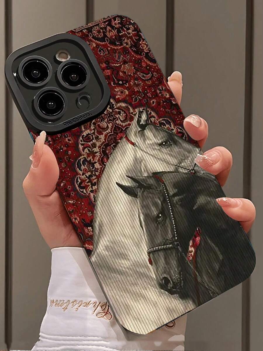黑色骏马图案时尚复古骏马彩绘防震保护手机壳,兼容 16/15 XR/7/8,兼容 15 Pro Max/12 Pro Max/13 Pro Max/14 Pro Max,女士款P11软壳P12防摔XS/XR/78P/78GES2,兼容Redmi S24、A03s、A03core、A04、A12、A13、A14系列,防水防刮,国际版,非国内版,生日礼物 - 彩色 - 查看 1