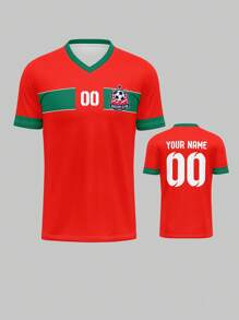 Camiseta personalizada del equipo nacional de Marruecos, transpirable y de secado rápido de 210g, camiseta deportiva de cuello en V para primavera/verano para hombres y mujeres, con nombre, número y logotipo impresos en el frente y la espalda, diseño cómodo de empalme rojo y verde para uso casual, fiesta y reunión