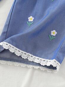 Young Girl' Wide Leg Pants, 2025 New Fashion Daily Casual All-Match Floral Embroidered Ruffle Hem Trousers