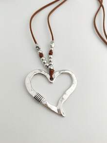 1Pc Bohemian Style Heart Shape Pendant Necklace Adjustable Freestyle Heart Sweater Chain Large Heart Rope Necklace - Silver - View 3
