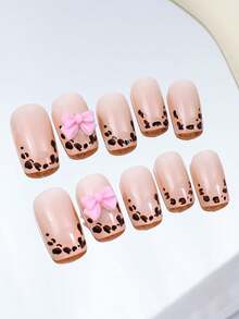 24PCS French Leopard Print Bow Square Press On Nails And 1 Nail File Strip+1 Double-Sided Tape - Multicolor - View 2