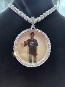 Customized Large Round Frame Photo Pendant Necklace, Brass & Zirconia Sparkling, DIY Photo, Hip Hop Daily Wear Jewelry, With 50cm Twisted Chain Gift, Silver, Stylish, Colorful, Vintage, Simple, Unisex, Casual, Cuties, Custom, Personalized, Unique, Ideal Gifts For Him, Middle School Students, High School Senior High School Students, College Students, University Students, Freshman, Sophomore, Underclassmen,Chic Autum, Chic Winter