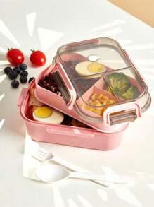 1pc Microwaveable Double-Layer Compartment Lunch Box With Handle For Women & Men, Students,Set Of Utensil , Bento Lunch Box, Microwavable,Leak Proof, Food Container(Pink),Back To School Christmas For Holiday Gift Giving