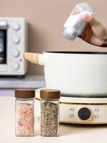 1 件/5 件套玻璃香料罐，带红木盖，方形玻璃瓶带支架，密封胡椒和调味容器 - 棕色 - 查看 5