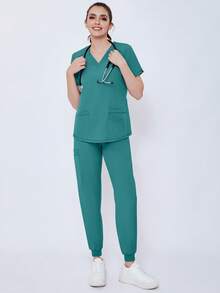 (Four-Piece Set) Scrubs Uniform Women's Running Matte Elastic Sports Nurse  Uniform Wash Clothes Work Clothes Breathable Scrub Shirt - 綠色 - 查看 9