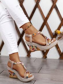 Women's Versatile Beaded Non-Slip High Heel Sandals, Outdoor Comfortable Wedge Thick Sole Roman Sandals, Bohemian Style Open Toe Summer Rope Bottom Sandals, Women's Resort Casual Slip-On Beach Sandals - Beige - View 3