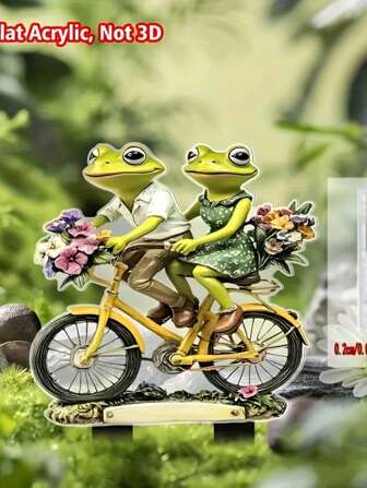 1 paire de décorations de jardin en forme de grenouilles plates à 2D chevauchant un vélo - Signe de décoration de fleur acrylique de vélo à double décoration, convient pour la poterie et le bac à fleurs, cadeau d'anniversaire d'intérieur, décoration de maison et de jardin, décoration de pelouse - 7,87 po X 5,5 po, plat à 2D