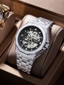 LONGLUX 1 Đồng hồ cơ tự động rỗng dây thép chống nước cho nam, thích hợp đeo hàng ngày và làm quà tặng - màu đen - Xem 2