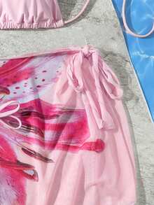3pcs/Set Ombre Tropical Floral Print Women's Bikini Set, Adjustable Bikini Strap, Tie Side Bottoms, High Coverage Wrap Skirt For Beach & Party, Ladies Swimwear Vacation Pink Summer - Pink - View 7