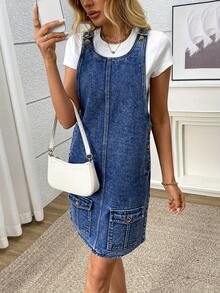 Retro Cotton Denim Pinafore Dress, Short Dress For Women Summer - Blue - View 5