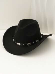 1pc Detachable Metal Trim Western Cowboy Hat, Polyester Felt Hat, Lightweight & Fashionable Unisex Hat For Outdoor Activities, Gatherings, Daily Wear, Non-Woven Fabric Material - Round Silver Decorated Hat - View 11