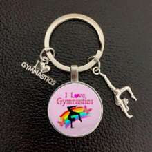 1pc I Love Gymnastics Glass Keychain Key Ring, Metal Key Chain For Men & Women, Sports Themed Gift School Letter Car Accessories Cute Goth Y2k