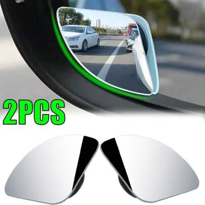 2pcs YASEENLIN Universal Fit Glass Car Wide-Angle Blind Spot Rearview Mirror, 360° Adjustable, High-Definition, Frameless, Small Fan-Shaped, Non-Prescription Glasses Curvature, With Universally Applicable For All Cars