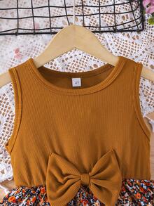 Girls Summer Crew Neck Sleeveless Ditsy Floral Casual Dress With Bowknot - Brown - View 3