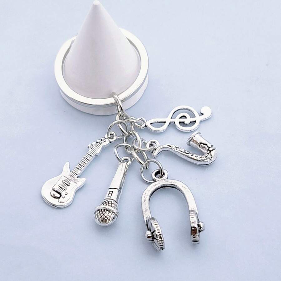1pc Unisex Music Headphone Microphone Guitar Note Keychain Gift For Music Lovers - Silver - View 1