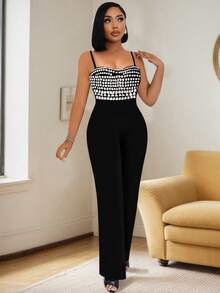 女式黑色无袖吊带连体裤优雅派对装，配有闪亮亮片水钻细节和高弹力面料，细肩带水钻，阔腿连体裤，性感派对装 - 黑色 - 查看 4