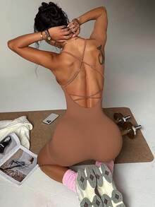 TCVC 女式纯色露背运动连体裤，透气舒适无袖工字背连体裤，适合瑜伽、健身房、锻炼、四季塑身衣 - 卡其色 - 查看 7