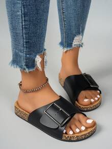 Papuci casual de damă, de culoare solidă, cu vârf deschis, sandale plate confortabile pentru toate anotimpurile, cu cataramă metalică reglabilă, talpă TPR anti-alunecare și căptușeală din material textil