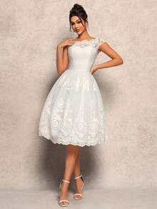 女士纯色蕾丝边无袖网眼拼接优雅晚礼服、派对礼服、舞会礼服 - 米色 - 查看 2