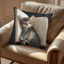 1 pièce Taie d'oreiller décorative en peluche 45 x 45 cm - Motif chat mignon dormant sur des livres, fermeture zippée, polyester doux, décoration d'intérieur idéale pour tous les styles de pièce, excellent cadeau (insert non inclus)