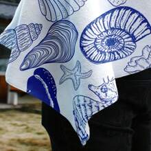 1 Stück cartoon-artiges blau-weißes Strandtuch mit Muschel und Seestern, unisex Outdoor-Grundausstattung, Urlaubsmuss, Sommer Reise Notwendigkeit, Vatertagsgeschenk Strandausstattung