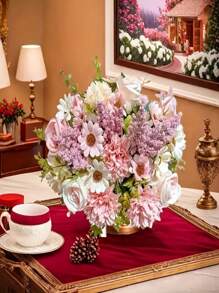 1pc/2pcs/3pcs Artificial Rose & Daffodil Flower Bouquet - Rustic Style Fake Flowers With Pink Roses, White Sunflowers And Green Leaves, Suitable For Wedding, Engagement, Birthday, Valentine's Day, Mother's Day Decoration, Spring Home Tabletop Centerpiece In Glass Vase, Event Floral Arrangement, Perfect For Christmas, Thanksgiving