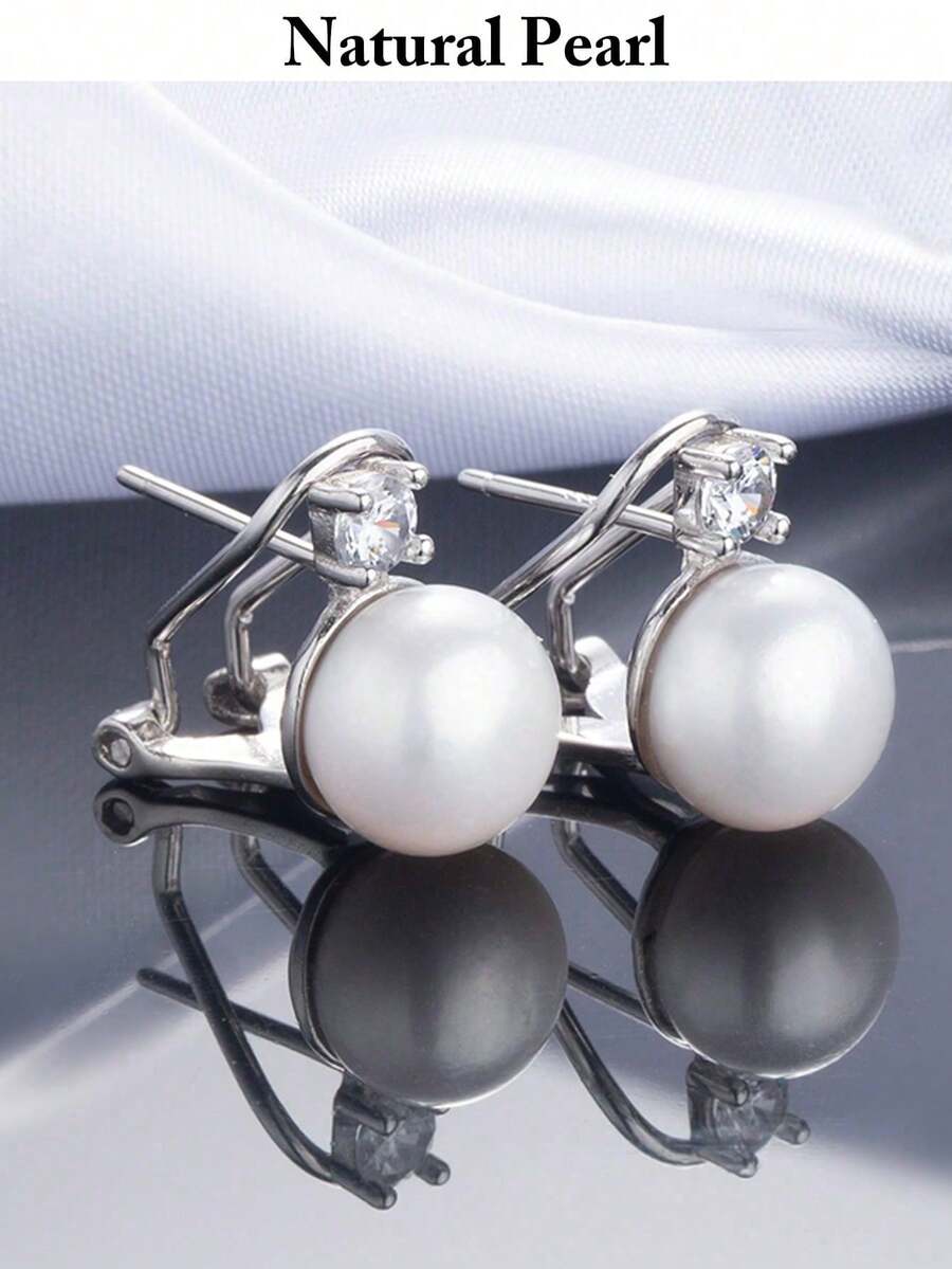 1 Pair 925 Sterling Silver Natural 8-9mm Cultured Freshwater Pearl Omega Back Earrings, Women's Elegant Fashion Earrings With Zirconia
