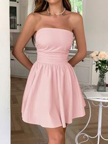 Robe de soirée courte sans bretelles, cintrée à la taille, convenant pour les vacances à la plage, les rendez-vous, la Saint-Valentin, la Fête des Mères, l'été, la rentrée scolaire, le thé de l'après-midi, les soirées élégantes - Rose bonbon - Voir 7