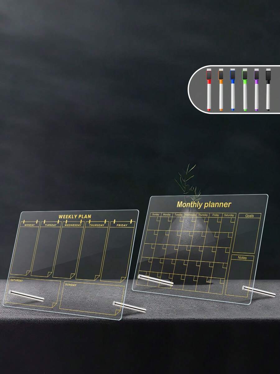 1 Set Dry Erase Desk Planner Board, Weekly/Monthly Whiteboard Memo Note Board, Acrylic Reusable Office Desk Writing Pad With 6 Whiteboard Markers