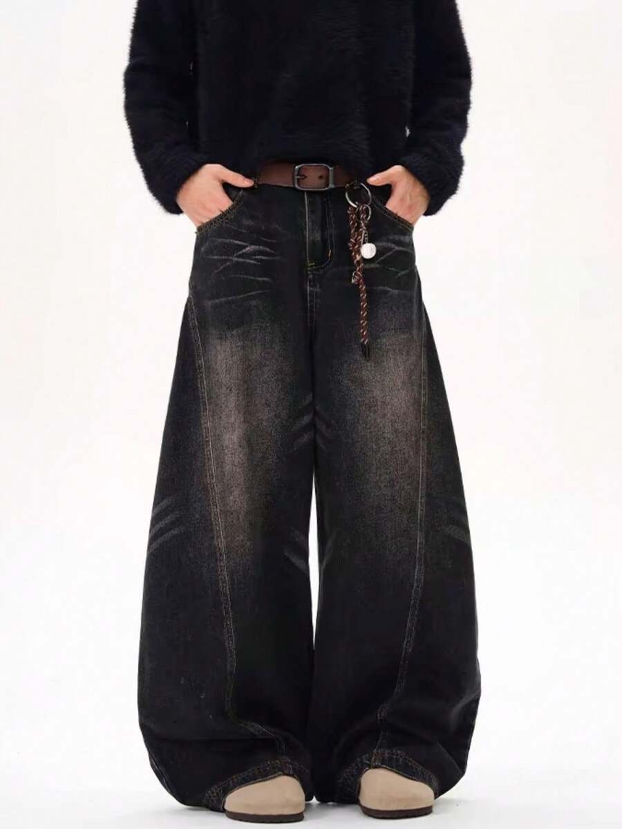 1条装美国街头时尚弯刀设计3D胡须水洗宽松拼接阔腿男士牛仔裤 - 黑色 - 查看 1