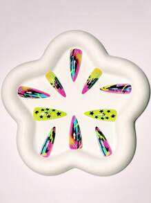 Unhas postiças de comprimento médio com estampa de grafite multicolorido e estilo punk, removíveis e usáveis, coloridas e frescas, 24 adesivos para nail art, convenientes para sair e tirar férias