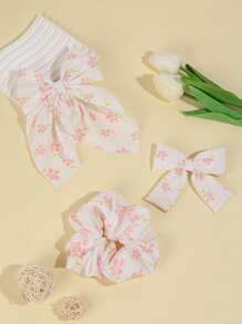 3 pezzi/confezione Fermagli per capelli in tessuto con fiocco carino + Elastici per capelli + mollette farfalla per capelli, set di accessori per capelli per bambini, per la primavera/estate