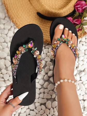 Women's Rhinestone Flip Flops, Fashion Outdoor High Heel Thong Sandals, New Anti-Slip Thick-Sole Beach Slippers, Wedge Vacation Casual House Slippers