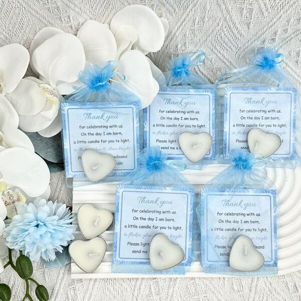 YESTARY YESTARY 50/100 Sets White Heart-Shaped Mini Candle Favors, Includes Thank You Cards And Gift Bags, Suitable For Babyshowers Gender Reveal Guest Favors