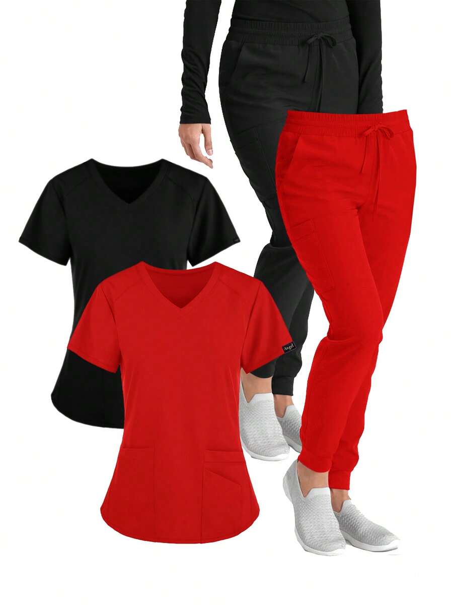 (Four-Piece Set) Scrubs Uniform Women's Running Matte Elastic Sports Nurse  Uniform Wash Clothes Work Clothes Breathable Scrub Shirt - 紅色 - 查看 1