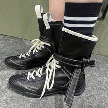 Small Increase Boxing Boots Women's New Retro Mid-Tube Fashion Boots Leather Moral Training Boots - Black - View 1