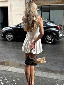 女士时尚 V 领无袖上衣和百褶裙 2 件套，休闲优雅夏季/春季 - 白色 - 查看 11