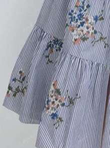 Women's Elegant Blue & White Striped Button-Up Flared Hem Short Sleeve Shirt Dress
