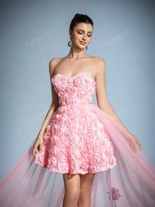 Elegant Mini Bridal Gown With Intricate 3D Flowers & Lightweight Netted Tulle Trail – Perfect For Summer Weddings, Garden Parties, Luxury Ceremonies, Or Formal Evening Events, Bride