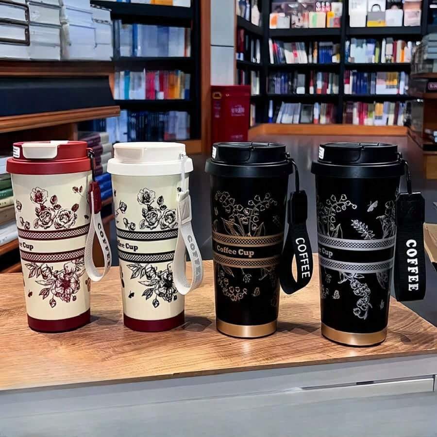 1 Fashionable Flower Patterned Coffee Cup, Double Drinking Stainless Steel Insulated Cup, Portable Coffee Cup, Men's And Women's Portable Office Water Bottle, Suitable For Offices, Study Rooms, Classrooms, As Holiday Gifts